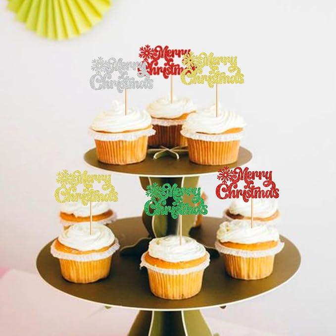 24 Pack Christmas Cupcake Toppers - Merry Christmas & Xmas Holiday Cupcake Picks - Boy Girl Baby Shower & Birthday Party Cake Decorations - Image 3