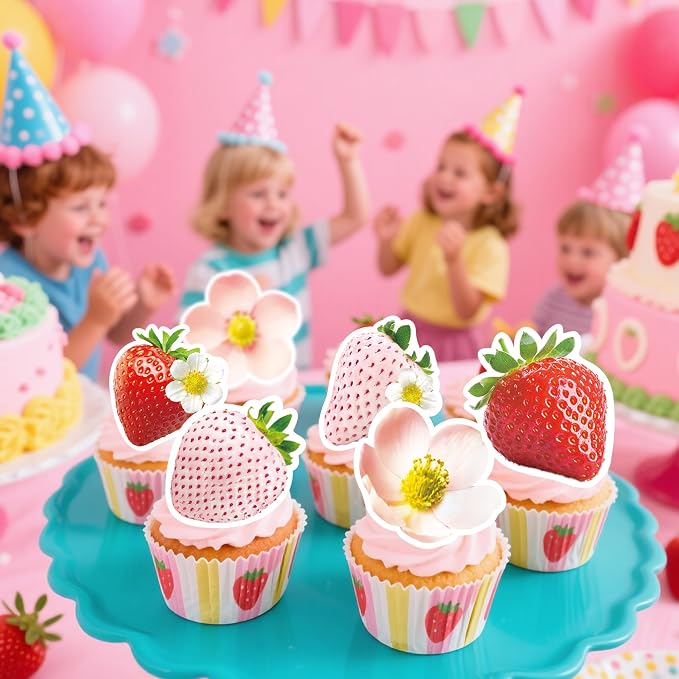 72Pcs Edible Strawberry Cupcake Toppers Wafer Paper Strawberry Flower Bridal Engagement Baby Shower Kids First Birthday Party Cake Decorations Supplies - Image 3