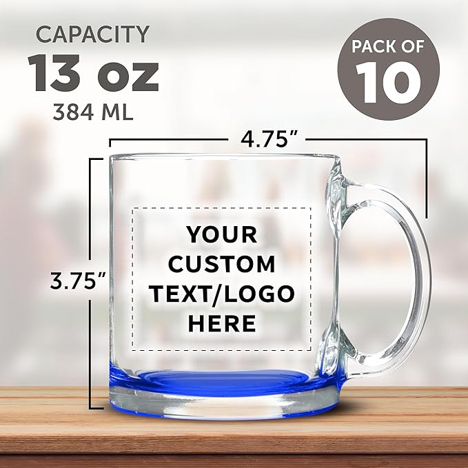 Custom Libbey Clear Glass Coffee Mugs 13 oz. Set of 10, Personalized Bulk Pack - Perfect for Coffee, Tea, Espresso, Hot Cocoa, Other Beverages - Blue Bottom
