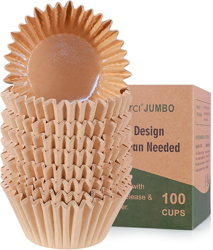 Caperci Heavy Duty Jumbo Cupcake Muffin Liners for Baking - Extra Large 100pcs Grease-Resistant Natural Paper Baking Cups, No Muffin Pan Needed, Odorless, Easily Peels (Natural) by Caperci