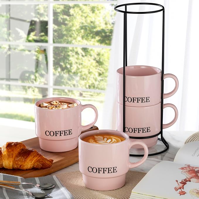 Signature Housewares Stackable Coffee Mug Tower Set with Metal Wire Rack - 15 Ounce Coffee Mugs for Coffee, Tea, Cocoa, Milk, Cappuccino, Hot Chocolate Set of 4 - Pink Coffee - Image 4