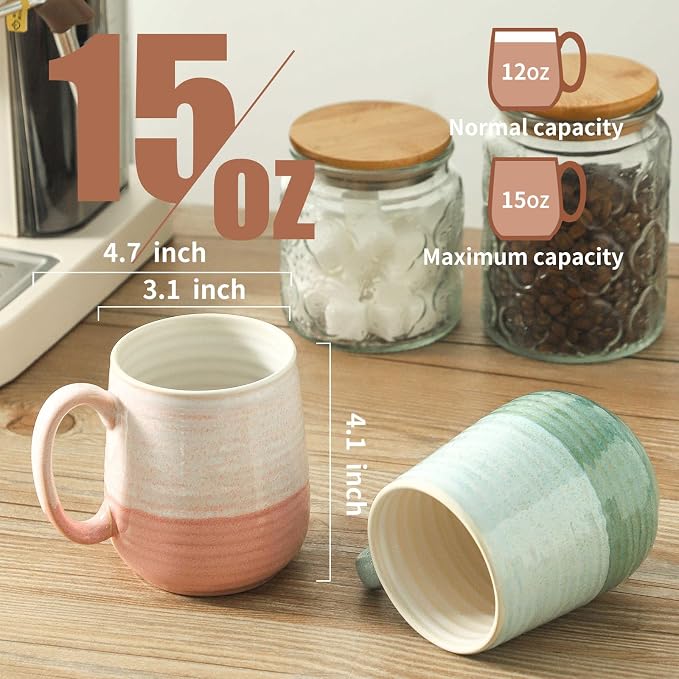 HASENSE 15oz Coffee Mugs Set of 4, Ceramic Coffee Cups with Handle for Tea, Cocoa, Latte, Milk, Porcelain Large Coffee Mugs for Kitchen, Coffee Bar, Rainbow - Image 3