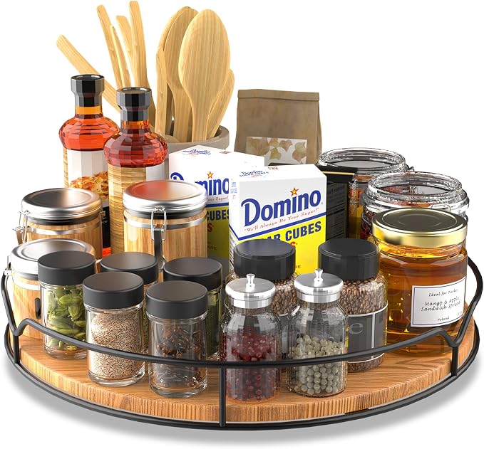Lazy Susan Turntable Organizer with Anti-Slip Mat for Cabinet Pantry Kitchen Countertop Refrigerator Office, Pine Wood, 13", Carbonized Black by AXTEE