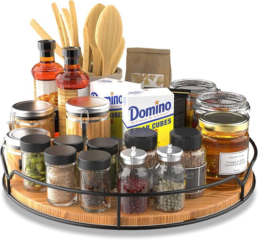 Lazy Susan Turntable Organizer with Anti-Slip Mat for Cabinet Pantry Kitchen Countertop Refrigerator Office, Pine Wood, 13", Carbonized Black by AXTEE
