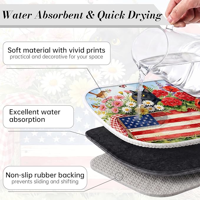 Patriotic Cats Dish Drying Mat for Kitchen Counter Coffee Bar 18x24 in | Decorative Non Slip Absorbent Kitchen Dishes Drainer Mat, with Anti-slip Rubber Backing & Hanging Loop, for Sink, Home Gift - Image 4