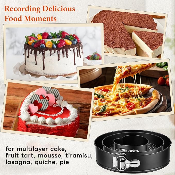 COOLMI Springform Pan Set of 3, 4 Inch Heart & 7/9 Inch Round Cheesecake Pans, Nonstick Cake Pans with Removable Bottom, Leak-Resistant Carbon Steel Bakeware for Baking, Cake Release Knife Included - Image 9