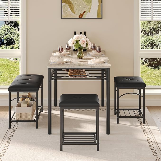 GarveeHome Dining Table Set for 4 with Upholstered Benches and 2 Stools, Modern Space Saving Kitchen Breakfast Table, Ideal for Small Kitchens, Apartments, Studios, and Compact Living Spaces by GarveeHome