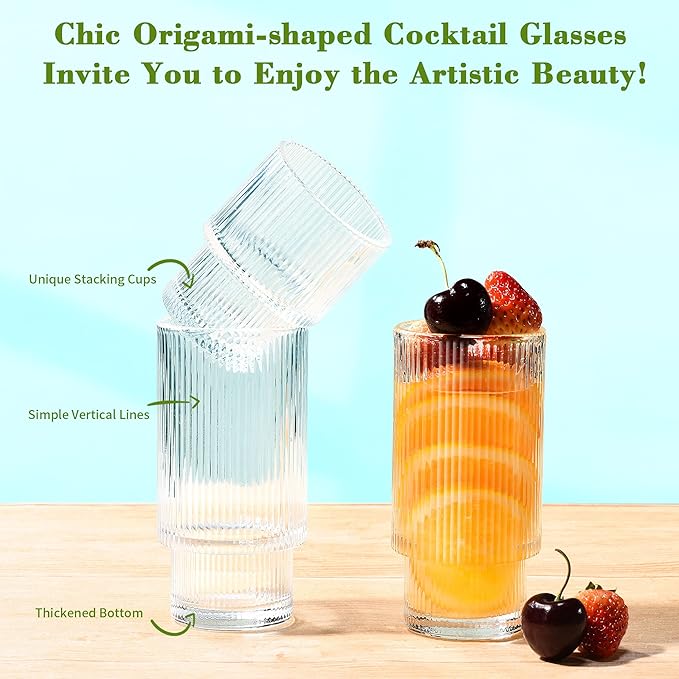 ISMASOAN Small Ribbed Glassware Set of 12, Glass Cups Fluted 12 oz & 7 oz | Stackable Glasses cup set for kitchen use in a gift box. Ideal for water, juice, iced coffee and everyday drinks - Image 4