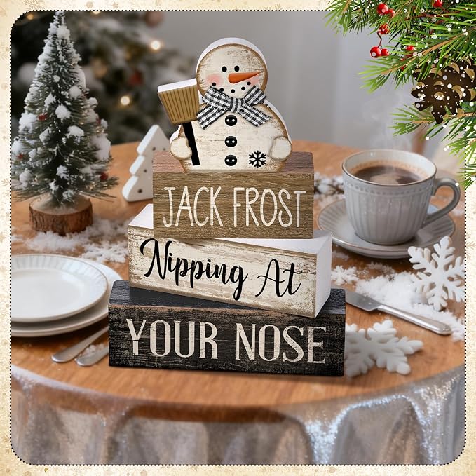 Moucuny 4 Pcs Christmas Table Decor Wooden Snowman Black and White Winter Tiered Tray Decor Rustic Decorative Snowman Block Sign Gifts Christmas Centerpiece Rustic Winter Decorations for Home Kitchen - Image 5