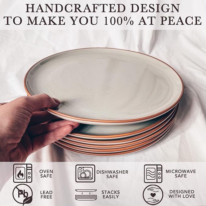 Mora Ceramic Dinner Plates Set of 6, 10 inch Dish Set - Microwave, Oven, and Dishwasher Safe, Scratch Resistant, Modern Rustic Dinnerware- Kitchen Porcelain Serving Dishes - Earl Grey - Image 4