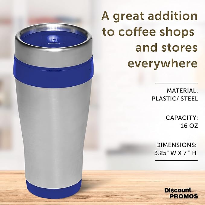 DISCOUNT PROMOS Insulated Stainless Steel Travel Mugs 16 oz. Set of 10, Bulk Pack - Perfect for Coffee, Soda, Other Hot & Cold Beverages - Blue