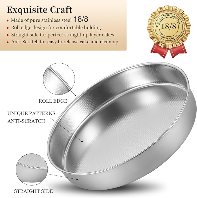 Inqibee 8-9.5 Inch Round Cake Pan Set, Stainless Steel Textured Bottom | Tri-ply Stainless Steel, Rolled Rim Layer Cake Bakeware, Oven & Dishwasher Safe, Healthy Non-Toxic for Birthday Wedding Cake - Image 2