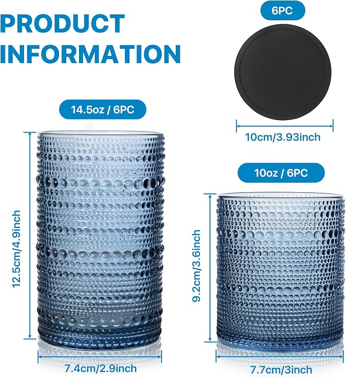 Hobnail Drinking Glasses Set of 12 with 6 Coasters, Blue | 6 Highball Glasses (14.5 oz), 6 Old Fashioned Glasses (10 oz) and 6 Silicone Coasters for Water, Whiskey and Cocktails - Image 4