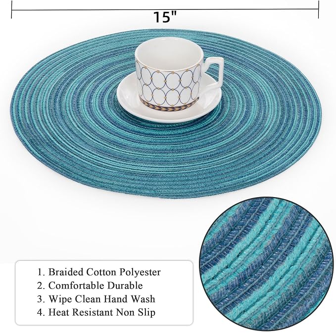 SHACOS 15 inch Round Placemats Set of 4 Variegated Multicolor Place Mats Cotton Polyester Braided Non Slip Washable Heat Resistant Table Mats for Home Wedding Dinner Party Table Decor, Rainbow Teal - Image 4