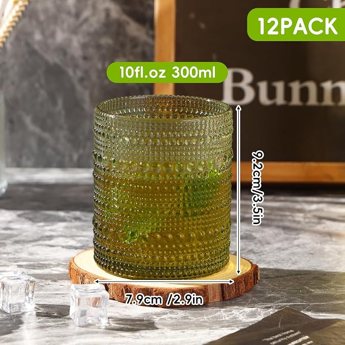 Moretoes 12 Pack 10 Oz Green Vintage Hobnail Drinking Glasses Set | Cocktail Glasses Vintage Glassware, Textured Glass Cups Bubble Glasses Water Glasses Old Fashion Jupiter Glasses Set - Image 3