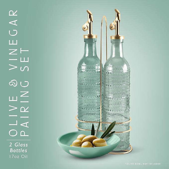 COOK WITH COLOR Glass Olive Oil Bottle Dispenser - 2 Pack- 17oz Oil and Vinegar Cruet - Olive Oil Carafe Decanter for Kitchen, Champagne Bubbles, Green - Image 2