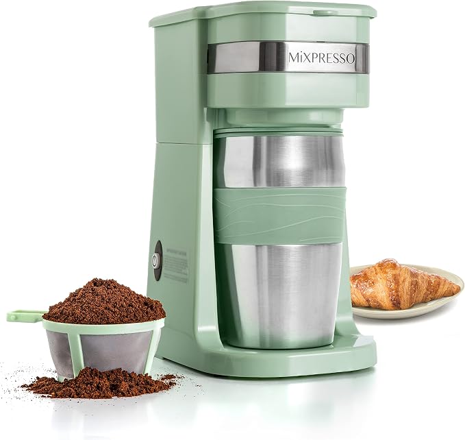 Mixpresso Single Serve & Single Cup Coffee Maker with 14oz Travel Mug Green | For ground coffee only, reusable filter, auto shut off. Compact personal drip coffee maker, not compatible with K-Cup pods. by Mixpresso
