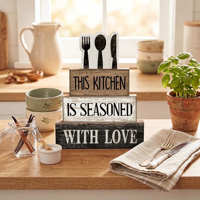 Moucuny 4 Pcs Farmhouse Kitchen Decor Rustic Spoon Fork Knife Wooden Stacked Block Decor Farmhouse Kitchen Table Centerpiece Rules Sign for Dining Room Cabinet Countertop Shelf Decoration - Image 5