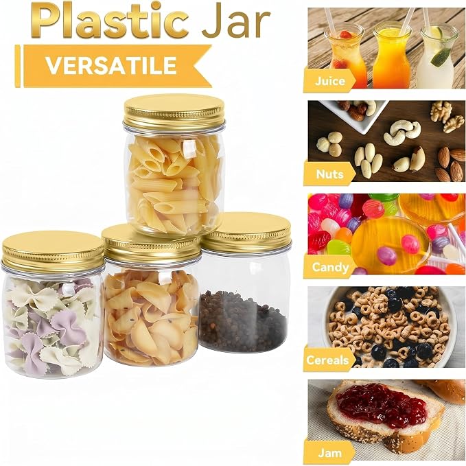 novelinks 8 oz Plastic Mason Jars and Clear Plastic Jars with Lids 8 oz | 16 Pack, Gold, Plastic Containers with Lids, Small Mason Jars, Clear Jars Bulk, Spice Jars, Slime Jars, Mini Jars - Image 4