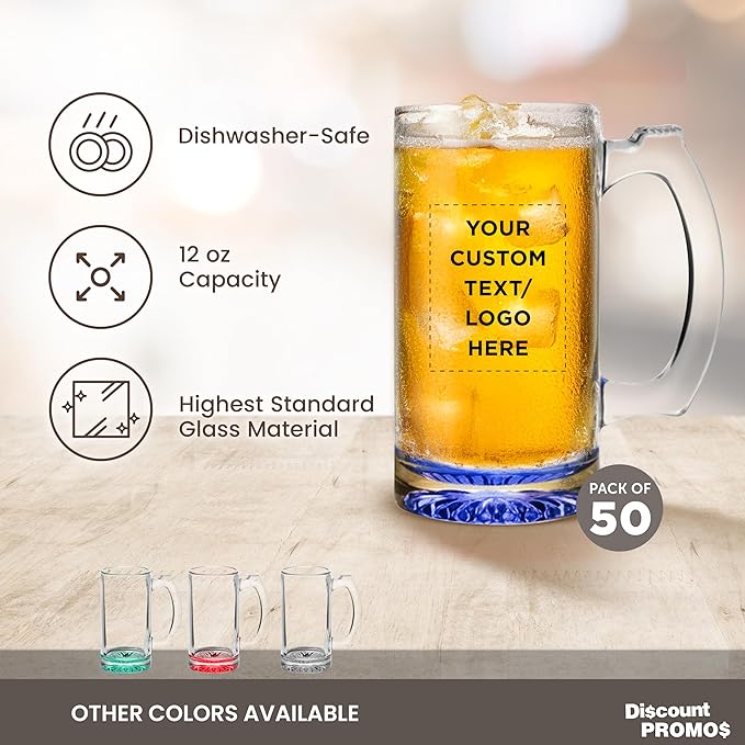 50 Libbey Beer Mugs Set, 12 oz. - Customizable Text, Logo - Groomsmen Glassware - Blue