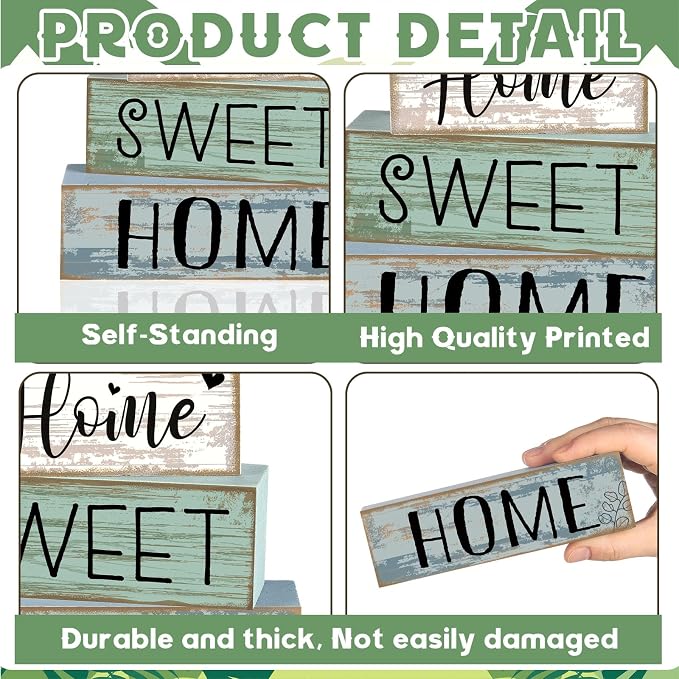 Moucuny 4 Pcs Farmhouse Wooden Table Decor Rustic Home Sweet Home Stacked Blocks Sign Decoration Farmhouse Eucalyptus Leaves Tiered Tray Decor for Kitchen Mental Shelf Coffee Bar - Image 6