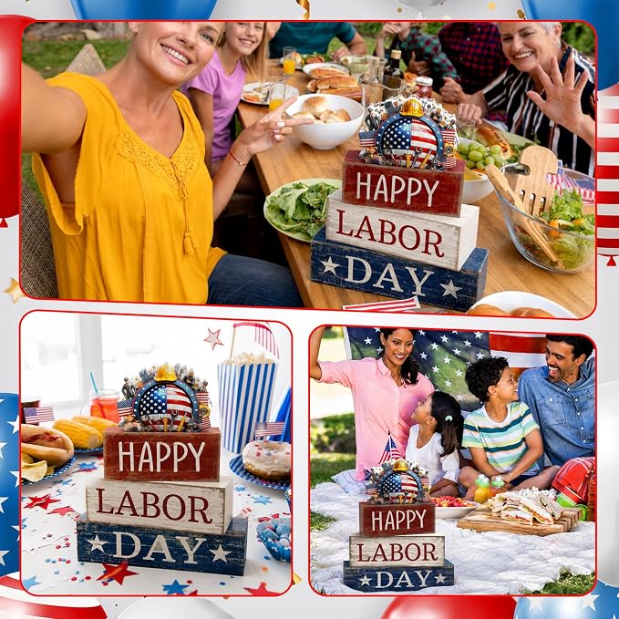 Moucuny 4 Pcs Labor Day Table Decoration Patriotic Worker Wooden Stacked Block Decor with American Flag Topper Happy Labor Day Centerpieces Patriotic Tiered Tray Decor for American Party Home Office - Image 5
