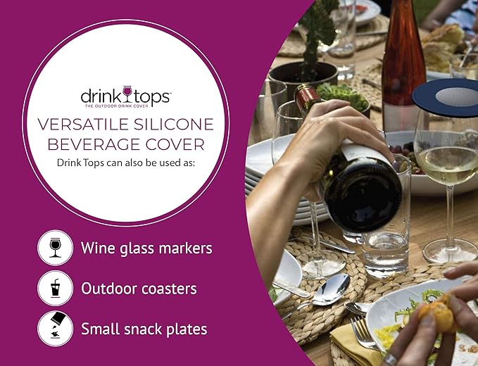 Drink Tops Ventilated Silicone Wine Glass Covers - Weighted Cover with Screen Allows Wine to Breathe - Outdoor Wine Glass Covers to Keep Particles Out - BPA Free - 4pk