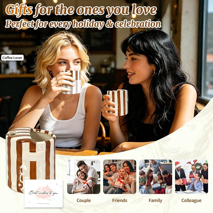 10 oz Ceramic Coffee Mug with Sip Hole & Silicone Sleeve, Brown | Cute Hand-Painted Striped Porcelain, Gift for Coffee Lover, Cold & Hot Drinks, Microwave & Dishwasher Safe - Image 7