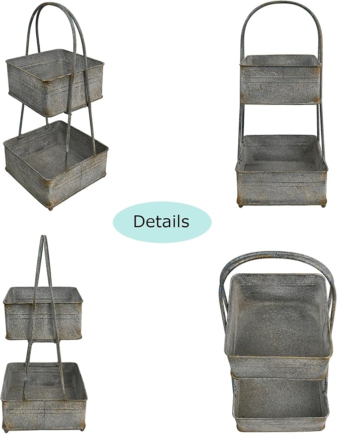 Vintage Metal Storage Basket 2-Tier 25.98" H Farmhouse Distressed Kitchen Counter Organizers Rustic Double-Layer Organizing Bin for Kitchen Pantry (Gray) - Image 3