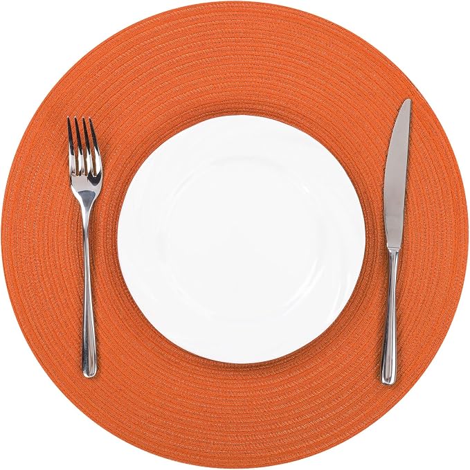 SHACOS Round Placemats Set of 6 Polyester 15 inch Round Braided Place Mats Washable Non Slip Kitchen Dining Table Mats Autumn Fall Placemats Decor, Bright Orange - Image 3