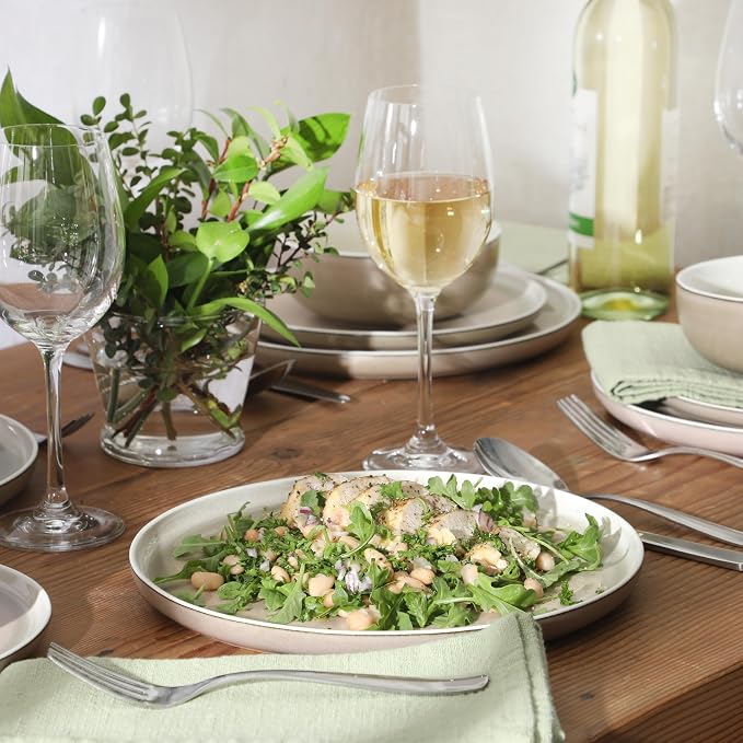 Gibson Elite Island Bay 12-Piece New Bone China Dinnerware Set Service for 4, Reactive Glaze Plates and Bowls, Dishwasher and Microwave Safe, Cream and Green - Image 2