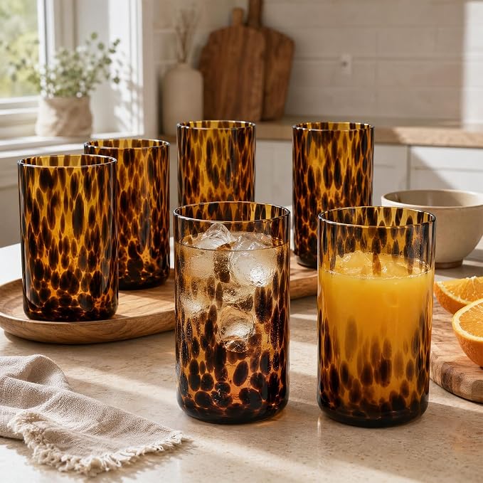 Set of 6 Tortoise Leopard Print Brown Glasses Stylish Stemless Cocktail Cup | 591ml Rocks Glasses Stylish Stemless Cocktail Cups Glass Glassware Tumbler Ideal for Gin, Tequila, Vodka, Soft Drinks - Image 4