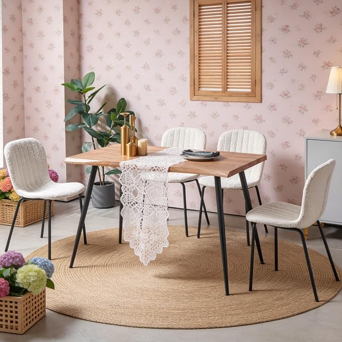 Rectangle Dining Table Set for 4 with White Boucle Chairs | 5-Piece Mid-Century Modern Set, Irregular MDF Table, Wood Grain, Space-Saving for Small Spaces, Dining Rooms, Easy Assembly - Image 7