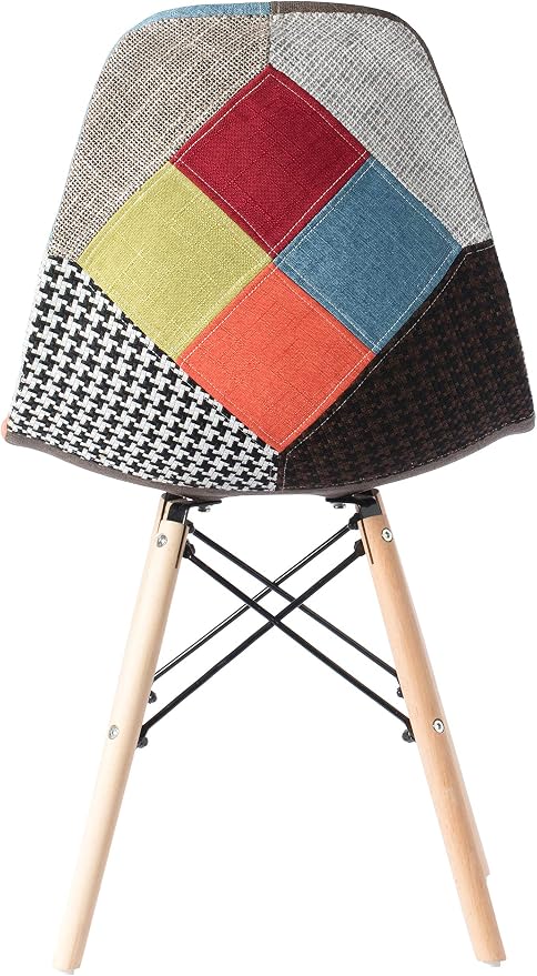 Fabulaxe Mid-Century Modern Upholstered Plastic Multicolor Fabric Patchwork DSW Shell Dining Chair with Wooden Dowel Eiffel Legs, Set of 4 - Image 8