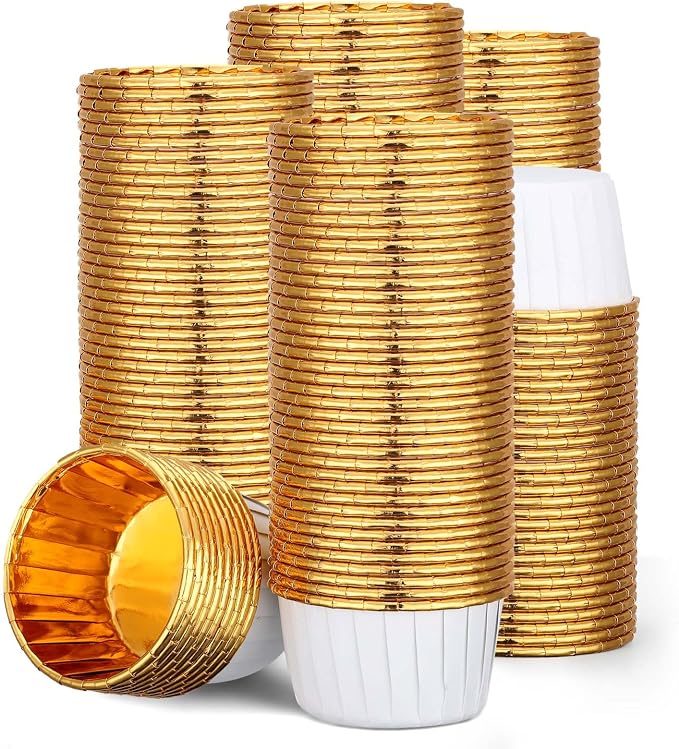 EUSOAR Cupcake Cups, 200pcs 3.5oz Mini Cheesecakes Holders Disposable Ramekins, Muffin Cupcake Liners Aluminum Foil Wrappers Paper Liner Cups for Birthday Wedding Party Festival-White/Gold by EUSOAR