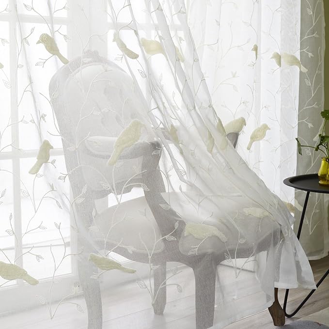 Rod Pocket Sheer Curtains Elegant Embroidered Bird Design White Window Drapes/Panels for Living Room, 54 x 84,Two Panels - Image 6
