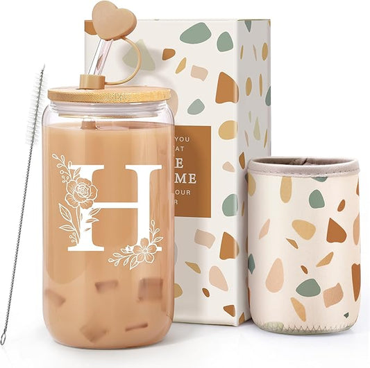 Personalized Gifts for Women, Monogrammed Gifts for Women, Initial 16 oz Glass Cups With Lids and Straws, Customized Mug, Personalized Birthday Gifts Christmas Gifts for Her Mom Friend Woman, H
