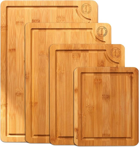 Wooden Cutting Boards for Kitchen-Bamboo Cutting Board Set with Juice Groove-Charcuteries & Chopping Butcher Block for Meat,Vegetables,Fruits Serving ideas Home Cooks Kitchen Gift 4Pack (S,M,L,XL) by Boelley