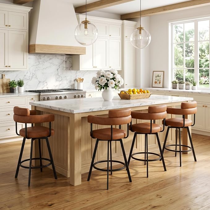 Flouki Swivel Bar Stools with Backs and Arms, Modern Faux Leather Counter Stools Set of 2 for Kitchen Island, 26" Upholstered Counter Height Bar Stools for Kitchen Counter, Dining Room, Brown - Image 4