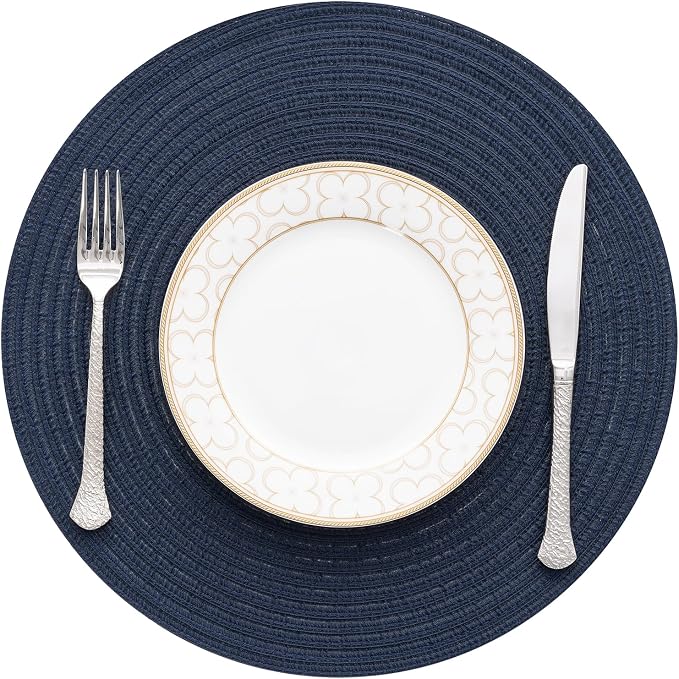 SHACOS Round Placemats Set of 8 Washable 15 inch Round Table Mats Cotton Polyester Woven Braided Place Mats for Dining Table, Navy - Image 8