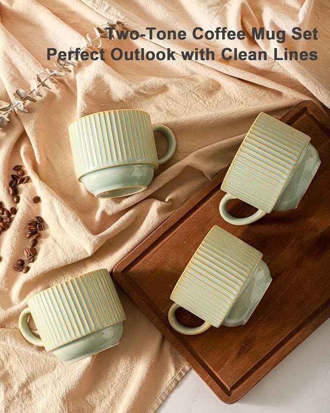 HASENSE Ceramic Coffee Mugs Set of 4 with Rack - 15 oz Stackable Large Porcelain Ribbed Latte Cup Set for Cappuccino, Tea, Hot Cocoa, Drinks - Dishwasher & Microwave Safe, Green Earth - Image 7