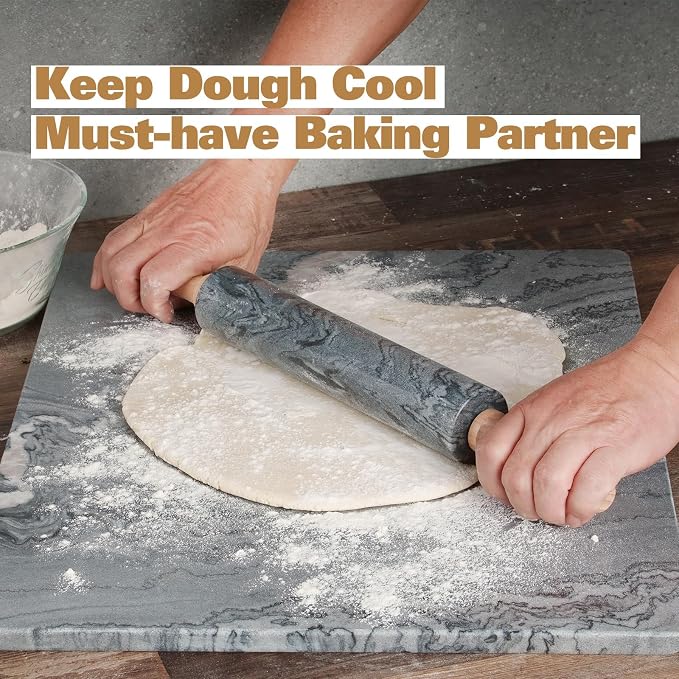 African Natural Marble Rolling Pin, Non-Stick Polished Dough Roller, Pasta, Dumpling, Fondant, Pie Crust, Bread, Pizza Dough, Kitchen Baking Pastry Tools with Mat/Scraper(Monte Grigio) - Image 4