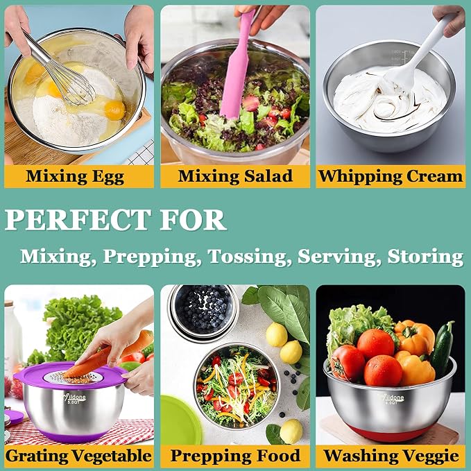 Wildone Mixing Bowls with Airtight Lids, Stainless Steel Mixing Bowls Set | Metal Bowls with 3 Grater Attachments & Non-Slip Bottom, Size 5, 4, 3, 2,1.5, 0.63QT, Includes Utensil Set for Prep, Colored - Image 4