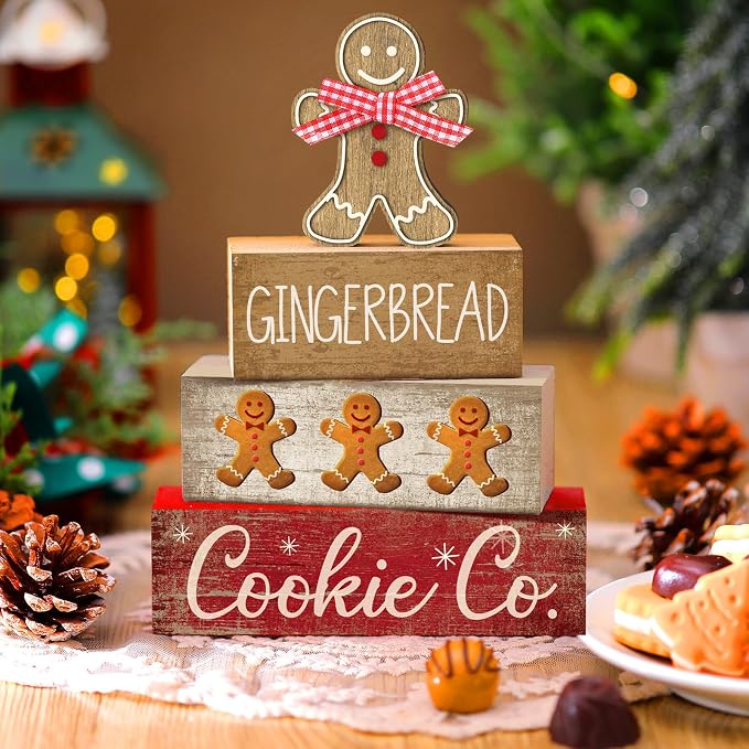 Moucuny 4 Pcs Christmas Table Decor Gingerbread Man Decoration Christmas Centerpiece Winter Tiered Tray Decor Rustic Gingerbread Block Signs Gift Winter Table Decoration for Xmas Party Kitchen Home - Image 5