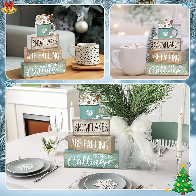 Moucuny 4 Pcs Winter Table Decor Wooden Milk Cocoa Decoration Winter Tiered Tray Centerpiece Decorative Blue Hot Cocoa Block Signs Gift Farmhouse Decoration for Home Kitchen - Image 7