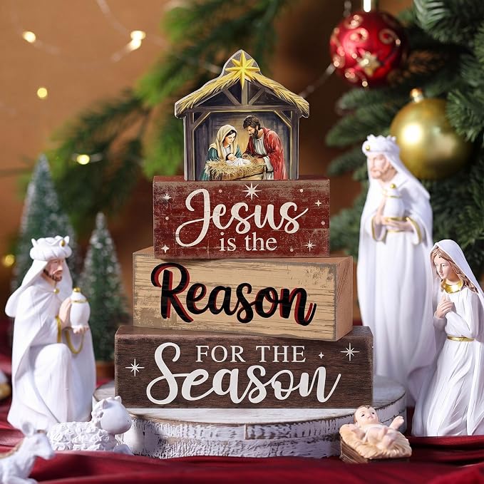 Moucuny 4 Pcs Christmas Table Decoration Christian Wooden Stacked Block, Jesus is the Reason for the Season Signs with Nativity Scene, Rustic Religious Christmas Tiered Tray Decor for Home Church - Image 7