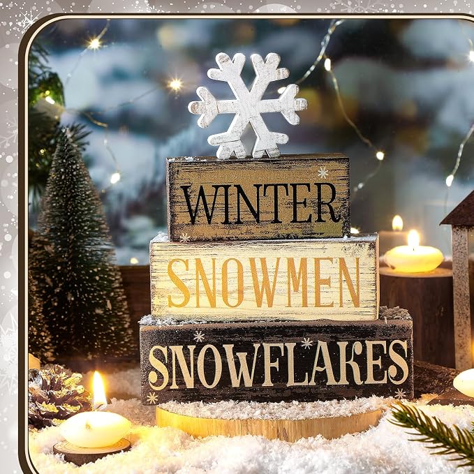 Moucuny 4 Pcs Winter Table Decorations Wooden Snowflake Decor Christmas Tiered Tray Decor Rustic Snow Block Signs Gift Farmhouse Christmas Centerpiece for Winter Wonderland Party Kitchen Shelf Home - Image 2