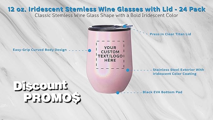 Custom Palmera Stemless Wine Tumblers with Lids 12 oz. Set of 24, Personalized Bulk Pack - Perfect for Wine, Cocktails, Other Hot & Cold Beverages - Iridescent Pink
