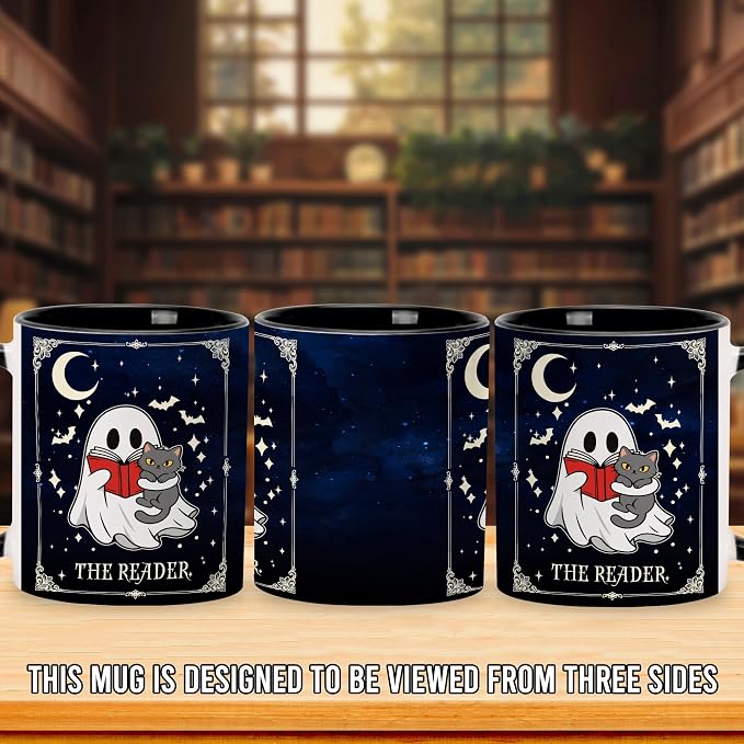 Hyturtle Cute Ghost with Cat Coffee Mug with Spoon for Halloween Birthday | Funny Ghost Tarot Gifts for Readers, Book Lover Mug, Book Club Gifts, Premium 11oz Ceramic Coffee Tea Cup, Double-sided print - Image 4