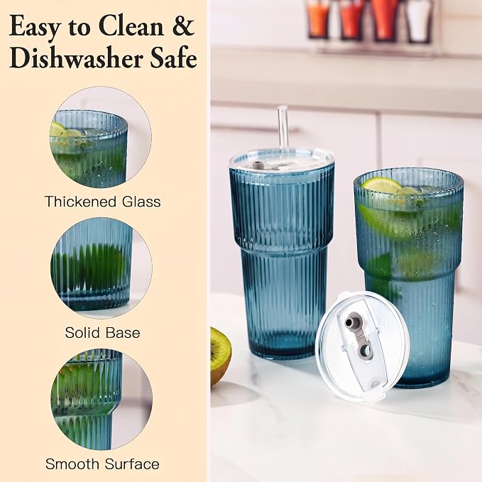 4PCS Blue Ribbed Glass Cups with Lids and Straws, 20oz Vintage Drinking Glasses, Aesthetic Iced Coffee Cups, Glass Tumbler for Boba, Beer, Tea, Cocktails, Blue Ribbed Glassware Set (Blue-4) - Image 5